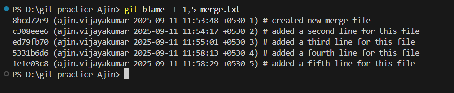 git blame -L 1,5 merge.txt