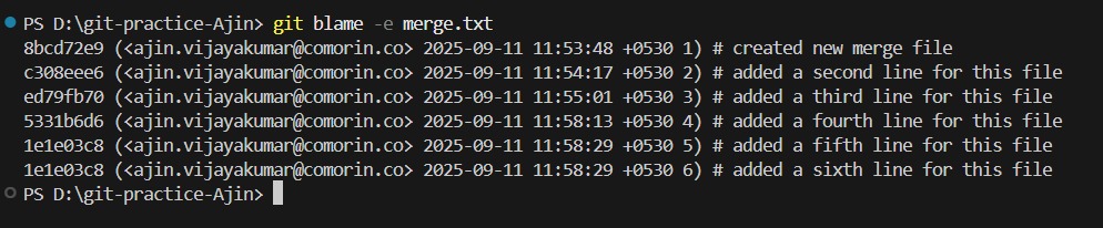 git blame -e merge.txt