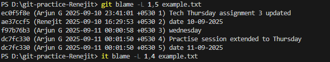git blame -L 1,5